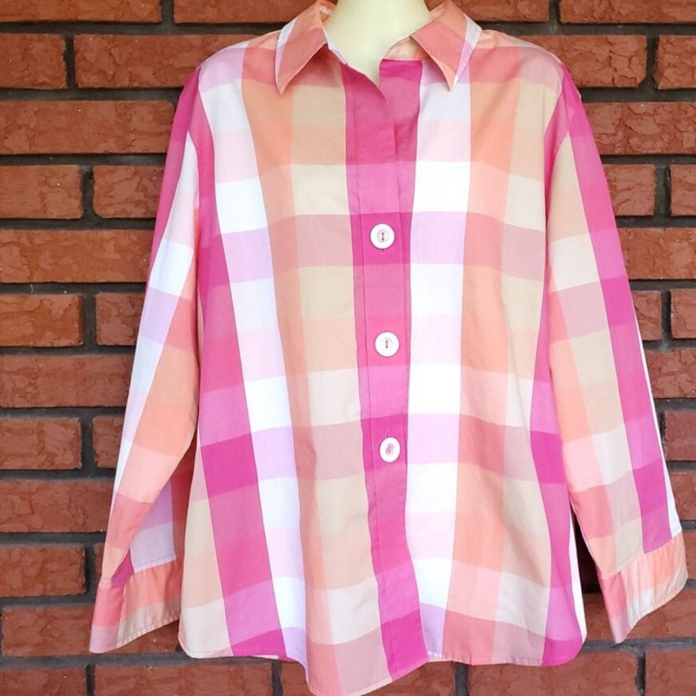 Foxcroft Pink Peach White Plaid Button-Down Shirt